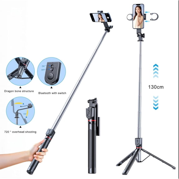 LMUMN-Selfie Stick with Light, All in 1 Extendable Tripod Stand with Wireless Remote, Portable Mobile Phone Holder Camera Tripod Compatible with iPhone 17, GoPro, Android (Black & Light, 50 inch)