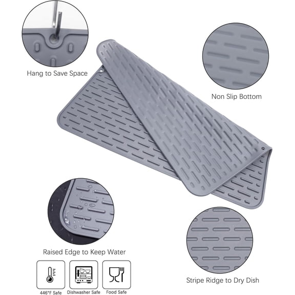 LMUMN-Silicone Dish Drying Mat - Extral Large 20" x 16" - Set of 2 Flexible Rubber Drying Mat, Heat Resistant Silicone Trivet, Countertop Mat, Dish Draining Mat, Sink Mat