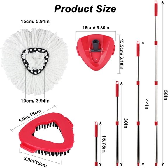 LMUMN-Spin Mop Head Refill for Vileda/Cedar EasyWring Spin Mop - Rotating Microfiber Triangle Replacement Pads Washable & Reusable fit All Floor - 4 Cloth 1 Base 1 Handle and 1 Brush