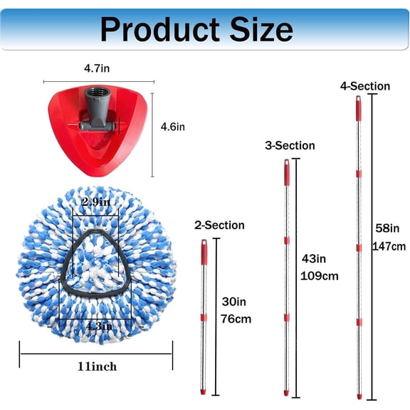 LMUMN-Spin Mop Replace Heads for O Cedar Rinse Clean 2 Tank System, Spin Mop Replacement Head 2 Microfiber Mop Refills, 1 Triangle Head Cover and 30-58in Handle