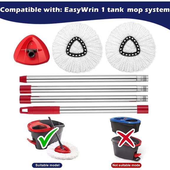 LMUMN-Spin Mop Replacement Set for O-Cedar EasyWring, Mop Handle & Base 2 Refills | Adjustable 30-58 Inch Mop Handle, 1 Mop Base, 2 Microfiber Spin Mop Head Refills