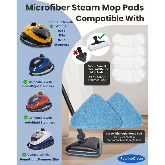 LMUMN-Steam Mop Pads Compatible with Wagner Spraytech 905e, 915e, 925e Steam Cleaner Accessories, Steamer Attachments Triangle Head Pads and Microfiber Bonnets for Fabric Steamer, 2+4 Pack