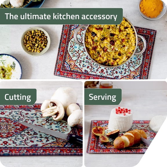 LMUMN-Tempered Glass Cutting Board, 9.6" x 14.4"  Decorative Glass Cutting Board for Kitchen Counter, Heat & Shatter Resistant Chopping Board & Serving Tray, Magic Carpet Design (Rugboard)