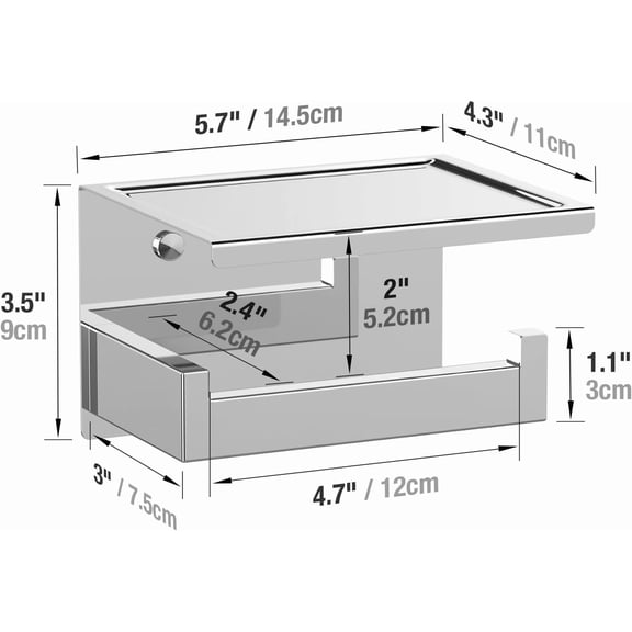 LMUMN-Toilet Paper Holder with Shelf, Stick on Chrome Tissue Roll Holder Self Adhesive or Wall-Mount with Storage Shelf for Bathroom