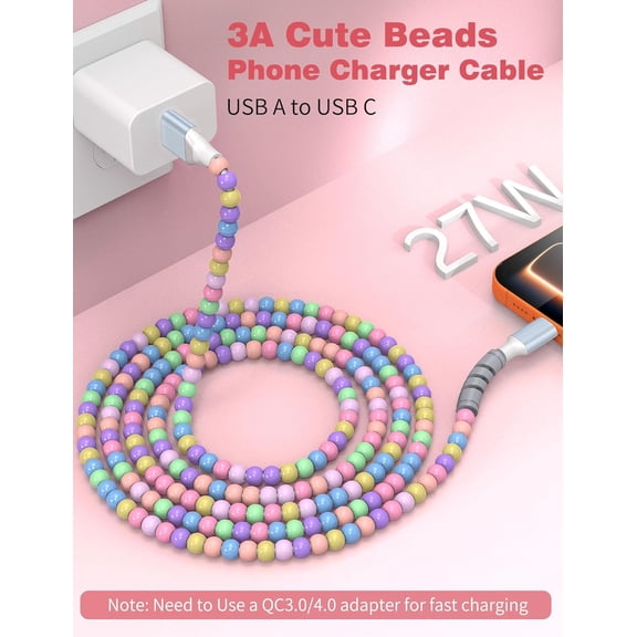 LMUMN-USB A to USB C Cable 2Pack 3FT,Beaded Phone Charger Cord for iPhone 17 16 Pro Max 17e 15 Car play,Type C Cute Car Charger Charging Cord for iPad 10 11th A16/Samsung S26 S25 S24 S23/Android Gir