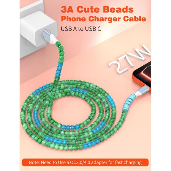 LMUMN-USB A to USB C Cable 6FT,Beaded Charger Cord for iPhone 17 16 Pro Max 17e 15 Car play,Cute Type C Car Charger Charging Cord for iPad 10 11th A16/Samsung S26 S25 S24/Android Phone Girls Women,B