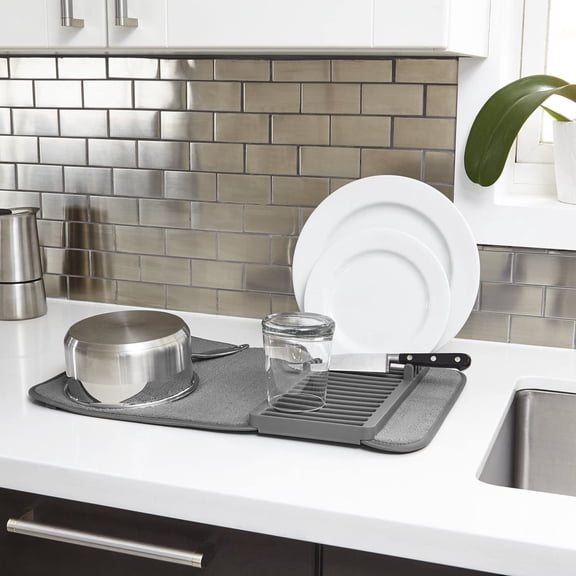 LMUMN-Udry Dish Rack and Microfiber Drying Mat  Space-Saving Design Folds Up for Easy Storage, Mini Rack, Gray