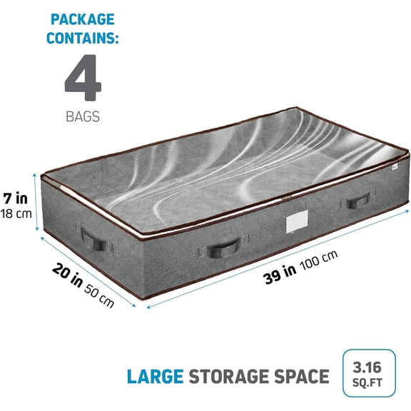 LMUMN-Under Bed Storage Bins - Pack Of 4 Under The Bed Storage Containers For Clothes, Blankets, Winter Clothing, & Shoes - Underbed Storage Containers With Handles, Dual Zippers, & Clear Top