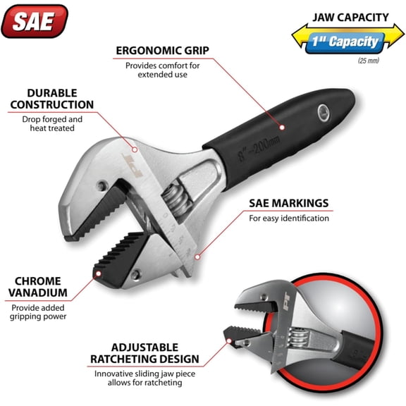 LMUMN-W30625 8 In. Ratcheting Adjustable Wrench - Sliding Jaw, Adjustable, Chrome Vanadium Directional Teeth, Black