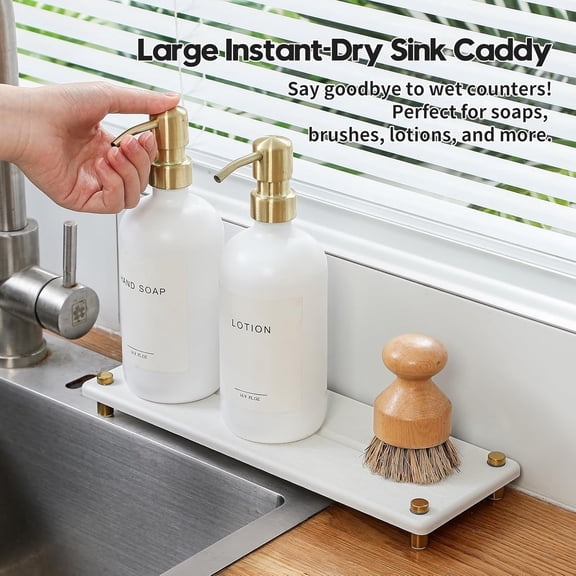 LMUMN-White Gold Dish Drying Rack Tray, Water Absorbing Stone Sink Caddy Kitchen Sink Organizer, Diatomite Bathroom Counter Faucet Mat Coaster, Soap Riser Dispenser Sponge Holder, White 12.5" x 4.5"
