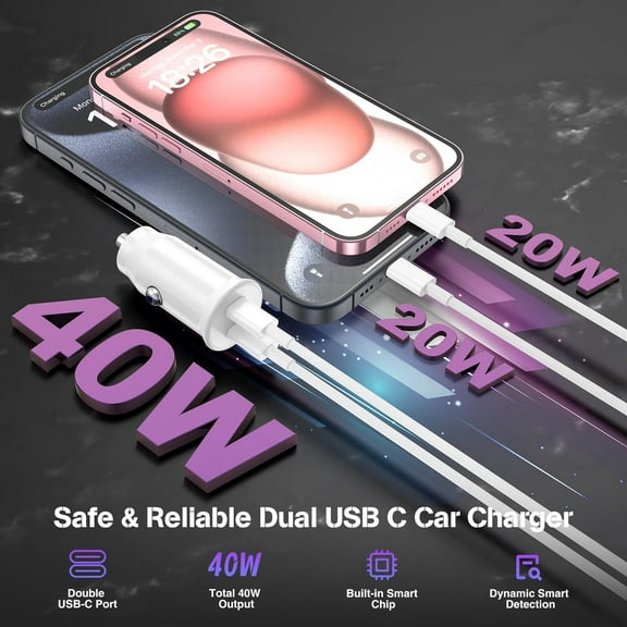 LMUMN-iPhone 15 Car Charger Fast Charging, 40W Dual Port USB C Car Charger with 2Pack USB C Cable 10ft,Type C Car Adapter for iPhone 15/15 Pro/15 Pro Max,iPad Pro,iPad Air 5/4/Mini,iPad 10,Android