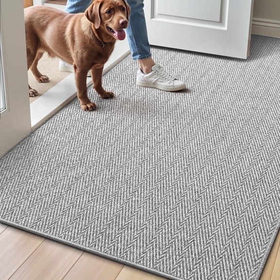 FRABE Ultra Thin Indoor Door Mat Non Slip, Low Profile Entryway Mat, Pet Friendly Doormat with Herringbone Design fot Inside, Patio, Porch, Grey, 48x72