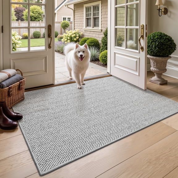 FRABE Indoor Door Mat, Ultra Thin Low Profile Herringbone Design Rug, Non-Slip Washable Pet Friendly Entryway Doormat for Patio and Porch, Grey 48"x72"