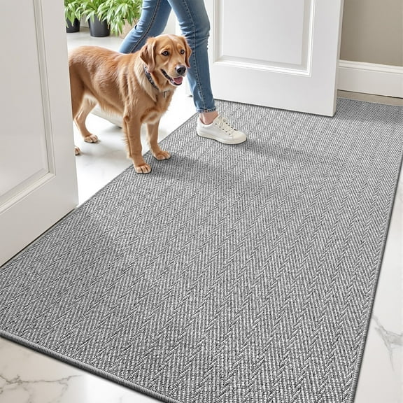 FRABE Ultra Thin Indoor Door Mat Non Slip, Low Profile Entryway Mat, Pet Friendly Doormat with Herringbone Design fot Inside, Patio, Porch, Grey, 48x72