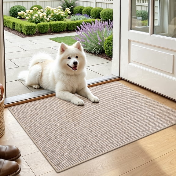 FRABE Indoor Door Mat, Ultra Thin Low Profile Herringbone Design Rug, Non-Slip Washable Pet Friendly Entryway Doormat for Patio and Porch, Beige 17"x30"
