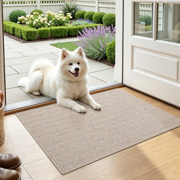 FRABE Indoor Door Mat, Ultra Thin Low Profile Herringbone Design Rug, Non-Slip Washable Pet Friendly Entryway Doormat for Patio and Porch, Beige 17"x30"