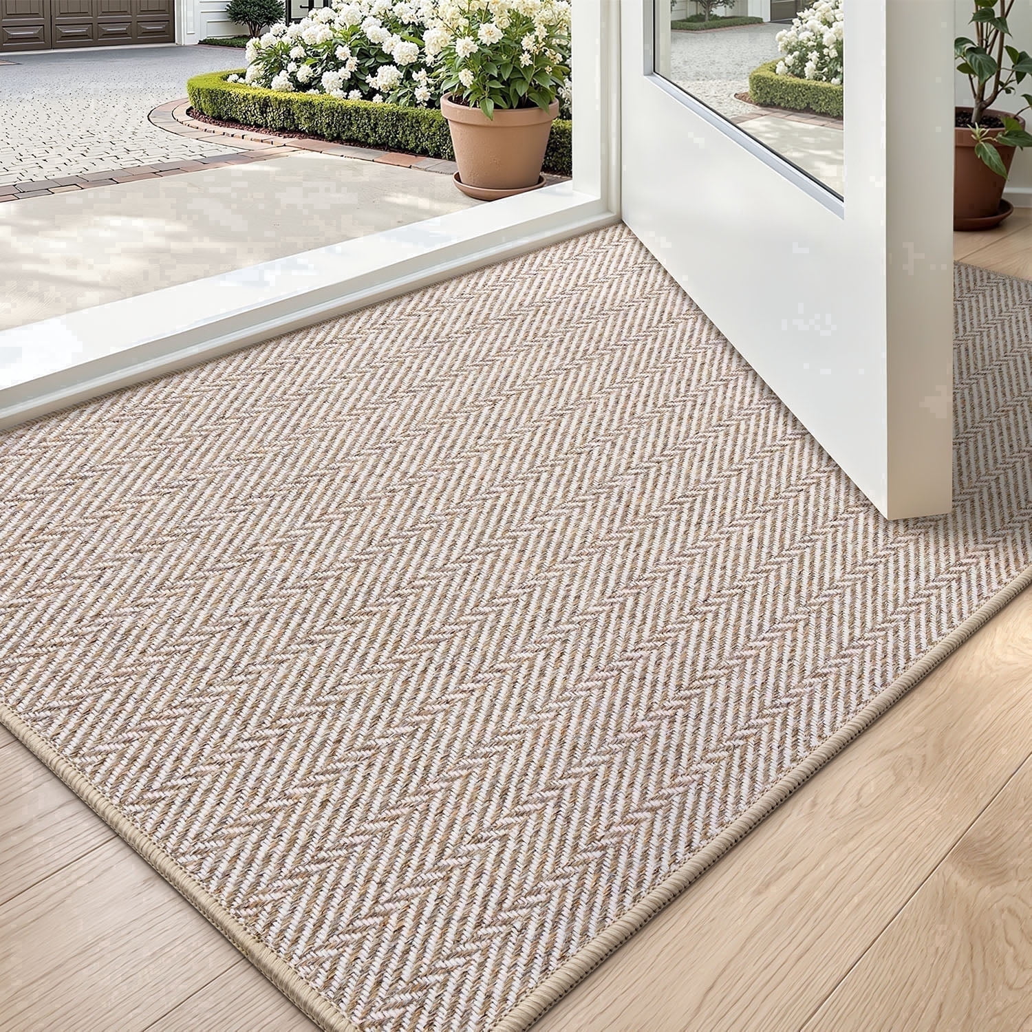 FRABE Non Slip Door Mat Low Profile Entryway Rug with Herringbone Design, Pet Friendly Washable Doormat for Patio Porch Beige 17"x30"
