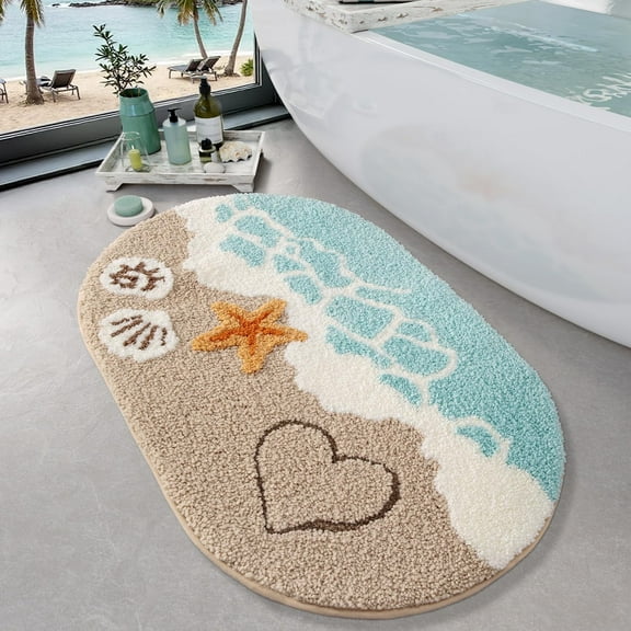FRABE Beach Bathroom Rugs Soft, Absorbent, Non Slip Bath Mat for Bathroom, Kitchen, Entryway Decor with Starfish Shell Design, 22"x34"
