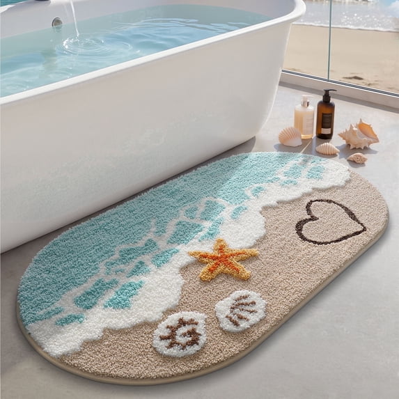 FRABE Beach Bathroom Rugs Soft, Absorbent, Non Slip Bath Mat for Bathroom, Kitchen, Entryway Decor with Starfish Shell Design, 22x34