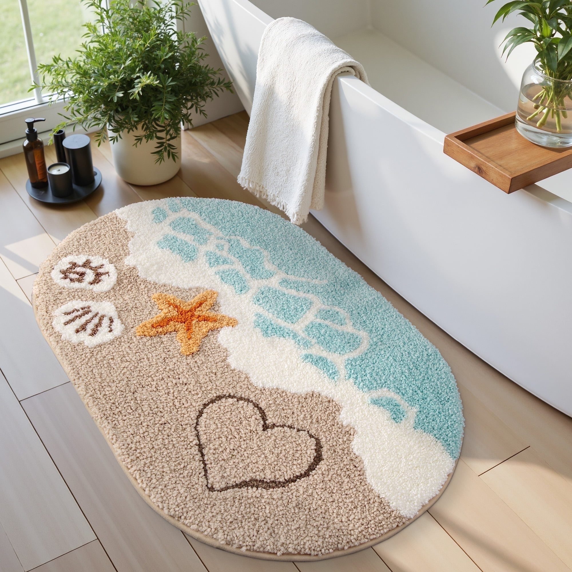 FRABE Beach Bathroom Rugs Soft, Absorbent, Non Slip Bath Mat for Bathroom, Kitchen, Entryway Decor with Starfish Shell Design, 21.5x34