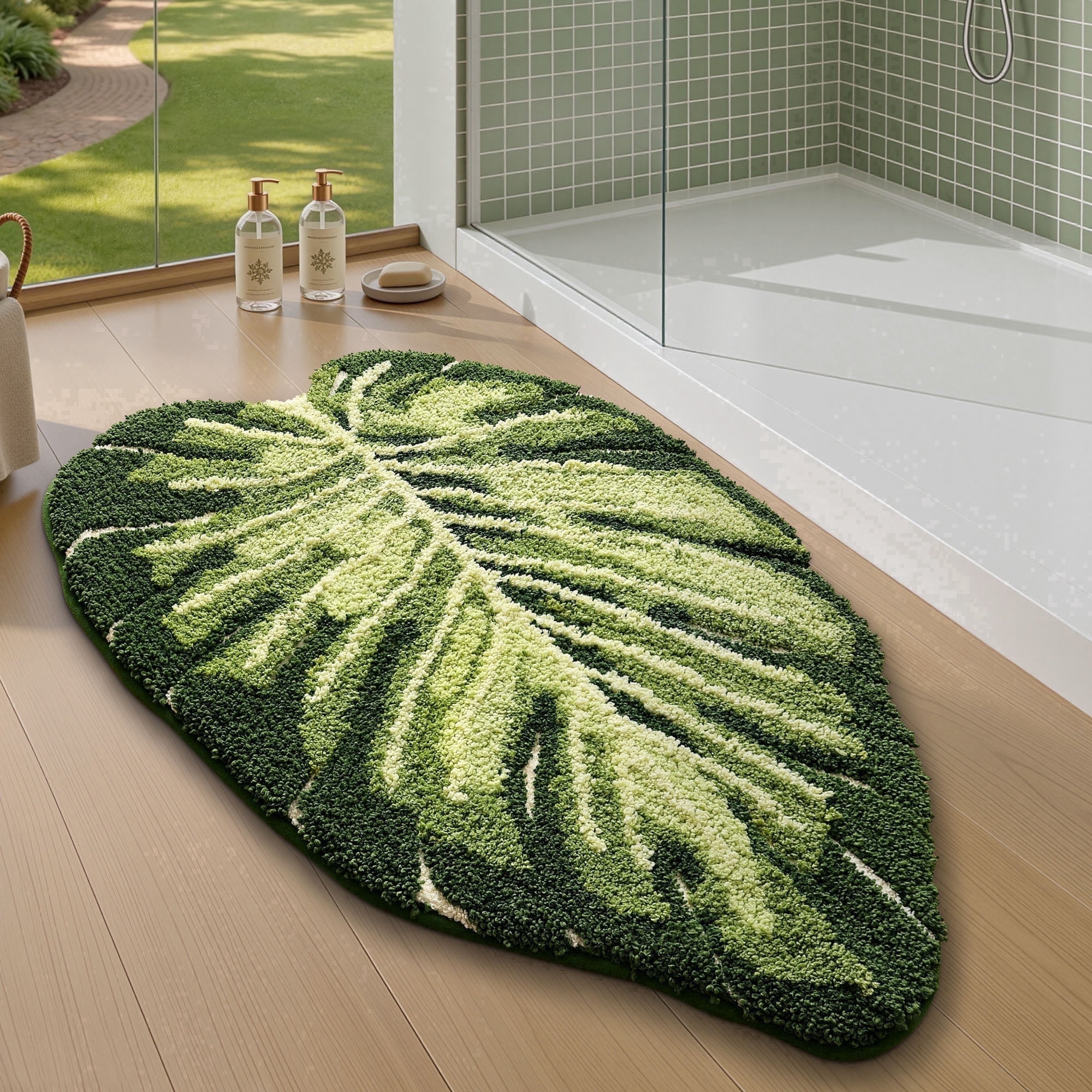 FRABE Bathroom Rugs Monstera Leaf Pattern Cute Soft, Plush, Absorbent Non Slip Shower Mat for Bathroom, Bedroom, Kids Room, 23.5x31.5