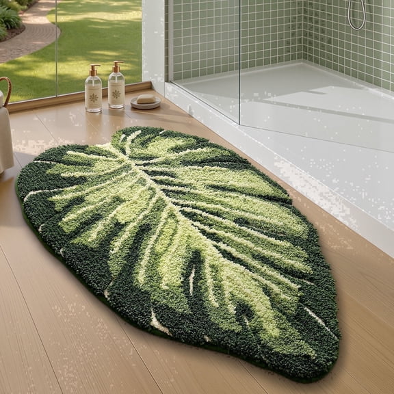 FRABE Cute Bathroom Rugs with Green Leaf Plant, Soft, Fluffy, Plush, Absorbent, Quick Dry, Non Slip, Machine Washable for Shower Floor, Bathroom, Bedroom,Kids Room, 23.5"x31.5", Monstera