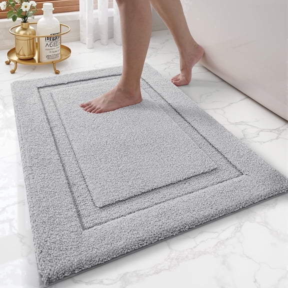 FRABE Non-Slip Bathroom Rug, Ultra Absorbent Quick Dry Microfiber Bath Mat with Recessed Border Pattern, Machine Washable Rubber Backing Carpet for Tub and Sink, Light Grey 24"x60"