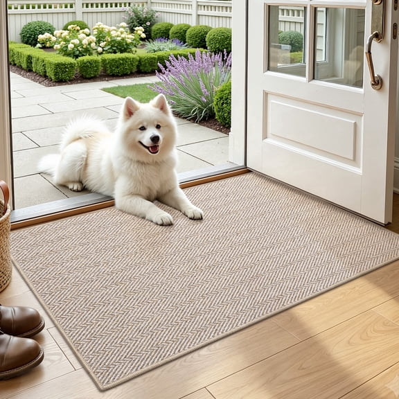 FRABE Indoor Door Mat, Ultra Thin Low Profile Herringbone Design Rug, Non-Slip Washable Pet Friendly Entryway Doormat for Patio and Porch, Beige 24"x36"