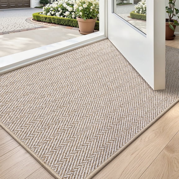 FRABE Ultra Thin Indoor Door Mat Non Slip, Low Profile Entryway Mat, Pet Friendly Doormat with Herringbone Design for Inside, Patio, Porch, Beige, 24x36