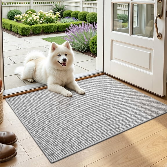 FRABE Indoor Door Mat, Ultra Thin Low Profile Herringbone Design Rug, Non-Slip Washable Pet Friendly Entryway Doormat for Patio and Porch, Grey 24"x36"