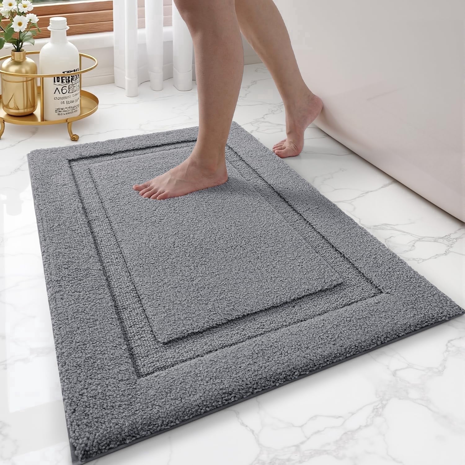 FRABE Non Slip Bathroom Rug with Rubber Backing, Ultra Absorbent Quick Dry Microfiber Bath Mat, Machine Washable, Dark Grey, 24"x36"