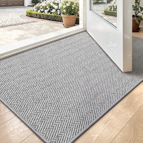 FRABE Indoor Door Mat, Ultra Thin Low Profile Herringbone Design Rug, Non-Slip Washable Pet Friendly Entryway Doormat for Patio and Porch, Grey 32"x48"