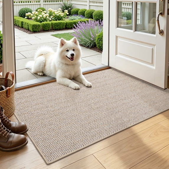 Frabe Ultra Thin Indoor Door Mat 32"x48", Entrance Doormat, Dirt-Trapping & Absorbent Quick-Dry Surface, Waterproof Non-Slip Entryway Rugs, Elegant Herringbone Design, Beige