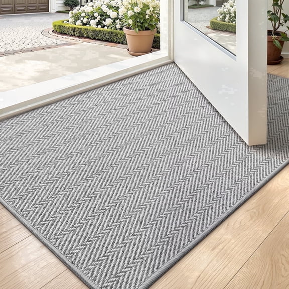 FRABE Non Slip Door Mat Low Profile Entryway Rug with Herringbone Design, Pet Friendly Washable Doormat for Patio Porch Grey 32"x48"