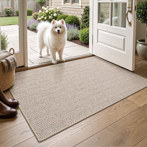 FRABE Indoor Door Mat, Ultra Thin Low Profile Herringbone Design Rug, Non-Slip Washable Pet Friendly Entryway Doormat for Patio and Porch, Beige 36"x56"