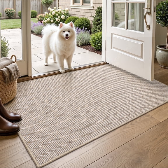 FRABE Indoor Door Mat, Ultra Thin Low Profile Herringbone Design Rug, Non-Slip Washable Pet Friendly Entryway Doormat for Patio and Porch, Beige 36"x56"
