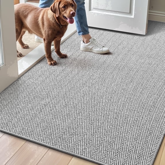 FRABE Non Slip Door Mat Low Profile Entryway Rug with Herringbone Design, Pet Friendly Washable Doormat for Patio Porch Grey 36"x56"