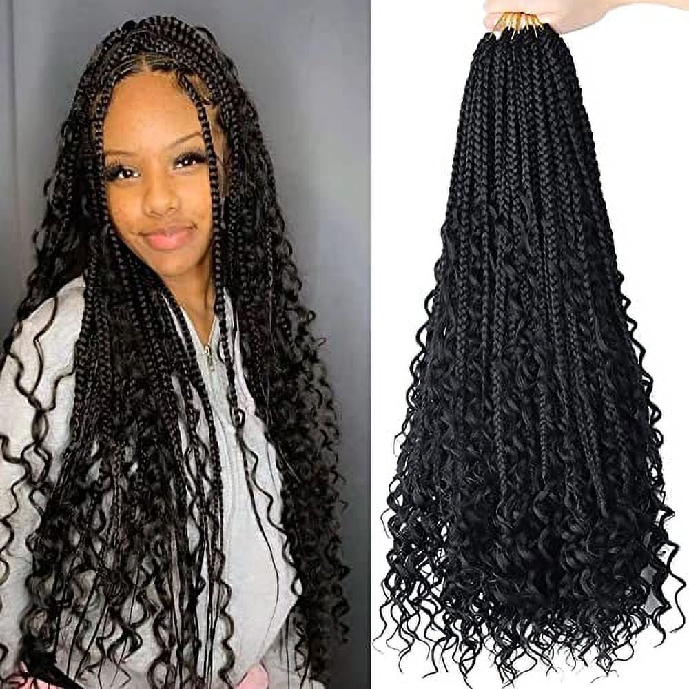LMZIM 24 Inch 8 Packs Boho Box Braids Crochet Hair Bohemian Crochet Box Braids with Curly Ends Goddess Box Braids Synthetic Crochet Hair for Black Women (24inch, 1b)