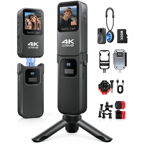 LMZOUR 2-in-1 4K Action Camera with Detachable Charging Handle, WiFi Vlogging Camera with 120° Wide Angle, Video Stabilization and Waterproof Housing, 32GB TF Card