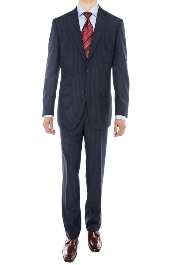 Mens Ticket Pocket Navy Blue Polyester Suit Luciano Natazzi