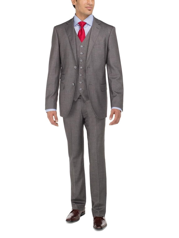 LN LUCIANO NATAZZI Men's Two Button Bird's Eye 3 Piece Modern Fit Vested Suit Gray