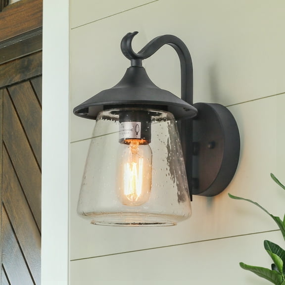 LNC 1-Light Matte Black Seeded Glass Farmhouse Outdoor Wall Sconce