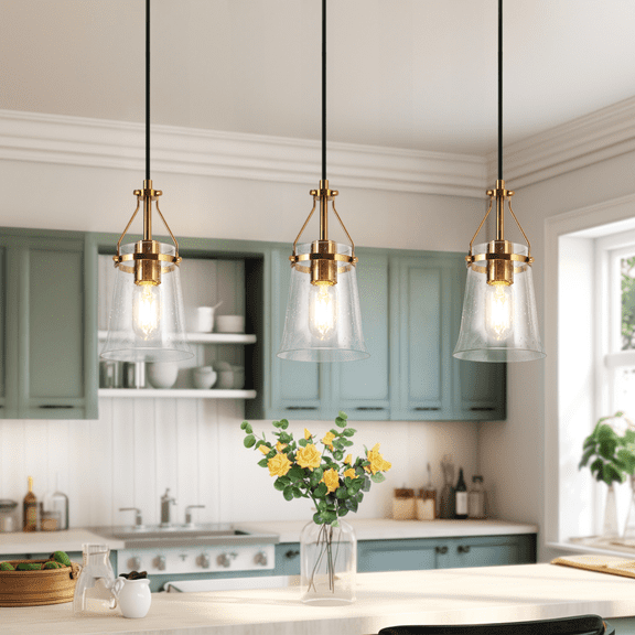 LNC Gold & Clear Glass Mini Pendant Light, Bell , Adjustable Height - Kitchen & Hallway