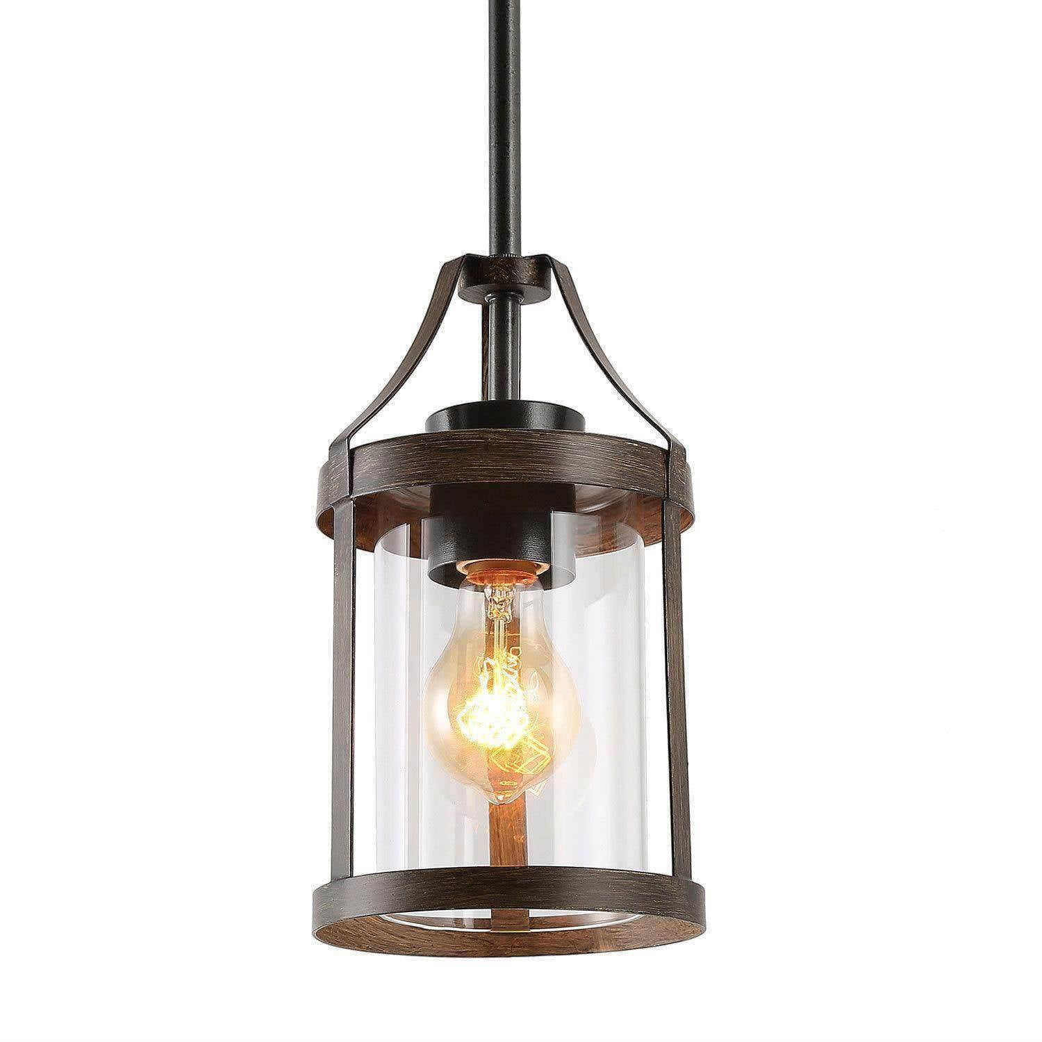 LNC 6-in Farmhouse Wood Lantern Mini Pendant with Clear Glass for Kitchen Island & Entry