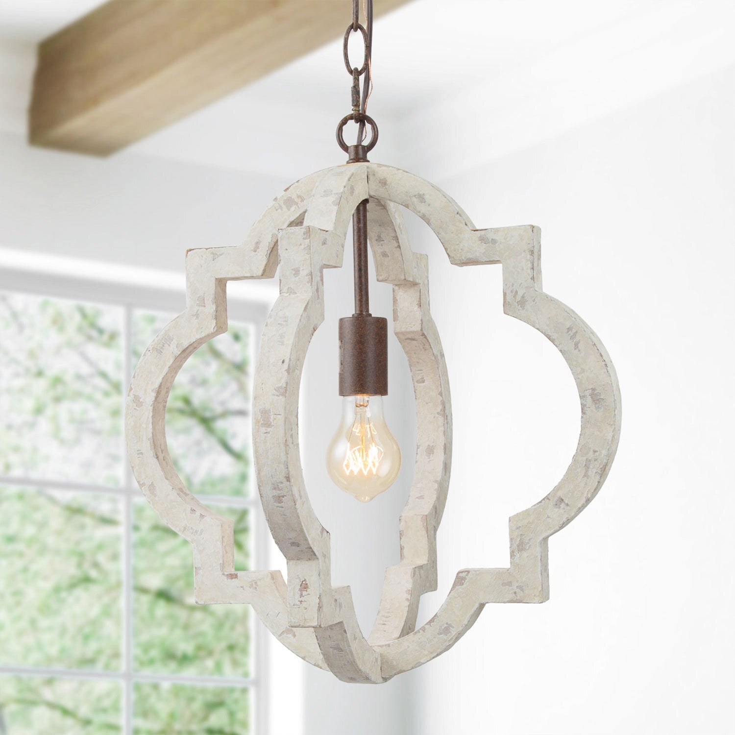 LNC 1-Light Farmhouse Wood Chandelier Pendant Light with Antique White Finish for Dining Room