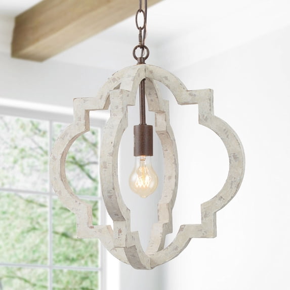 LNC 1-Light Farmhouse Wood Chandelier Pendant Light with Antique White Finish for Dining Room