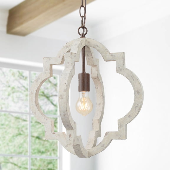 LNC 1-Light Farmhouse Wood Chandelier Pendant Light with Antique White Finish for Dining Room