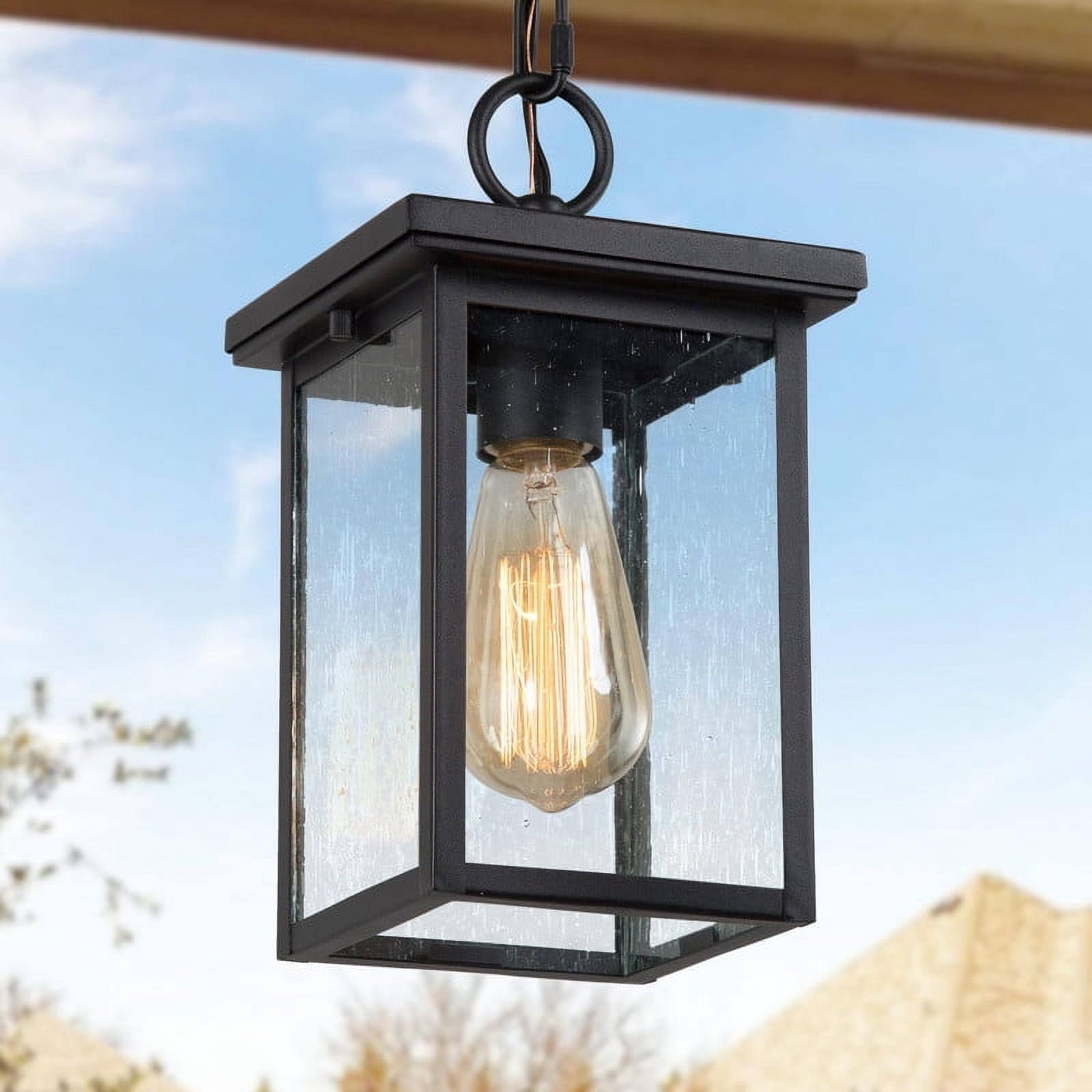 LNC 1-Light Matte Black and Seeded Glass Modern/Contemporary Seeded Glass Square LED Mini /Outdoor Pendant Light