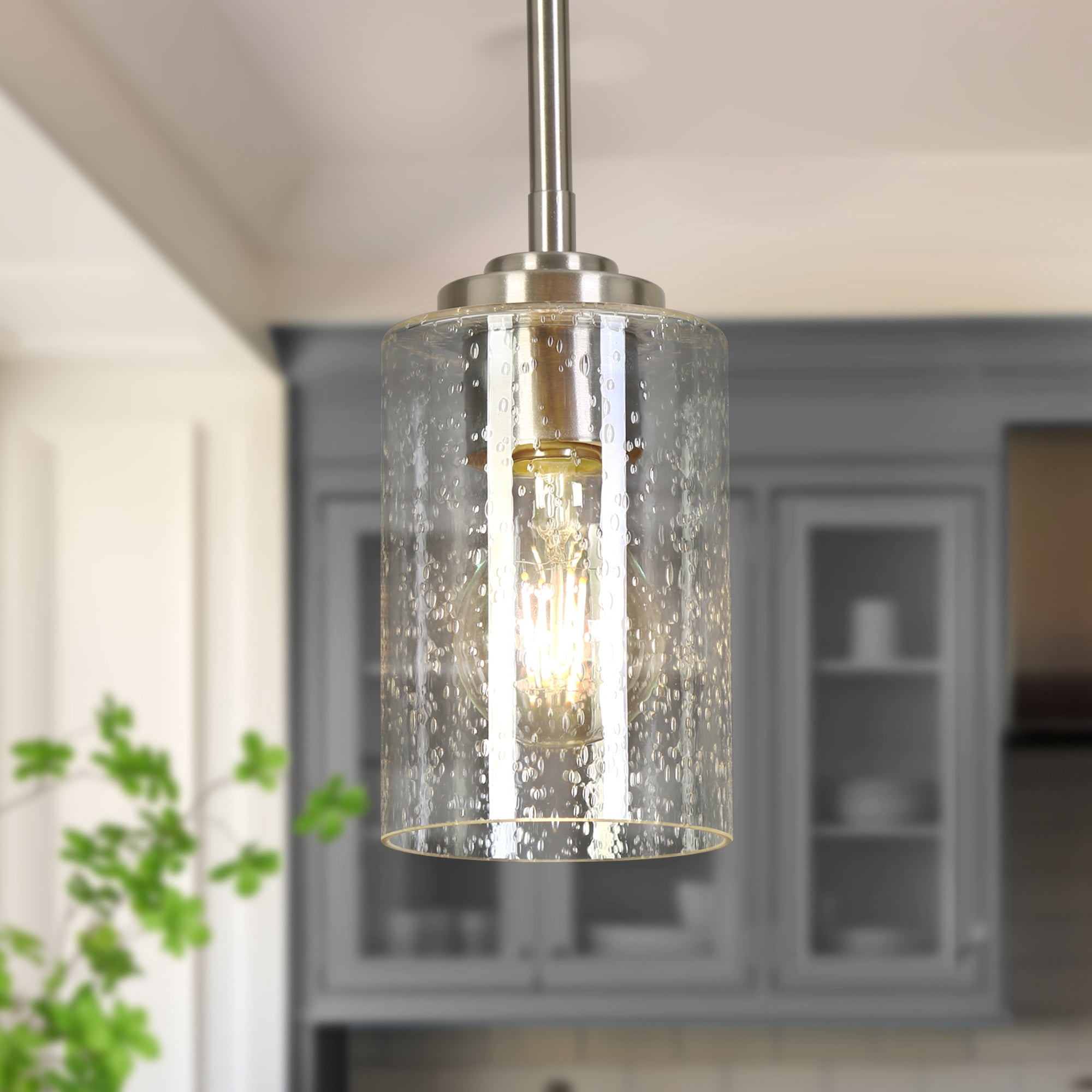 LNC 1-Light Mini Nickel Pendant Light,Cylinder Seeded Glass,60W Medium Base,Dimmable,Adjustable Height,for Kitchen Island,Sink