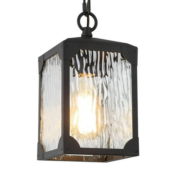 LNC 1-Light Modern Farmhouse Black Lantern Square Outdoor Pendant Light with Water Ripple Glass Shade,Adjustable Hanging Black Porch Pendant light,Black entry porch lights